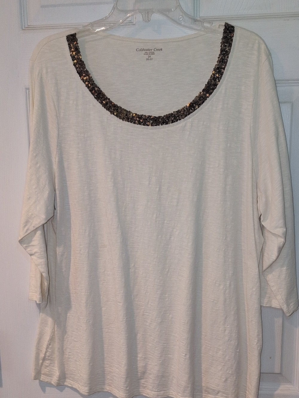 Coldwater Creek Cream 3/4 Sleeve Top with Sequin Trim